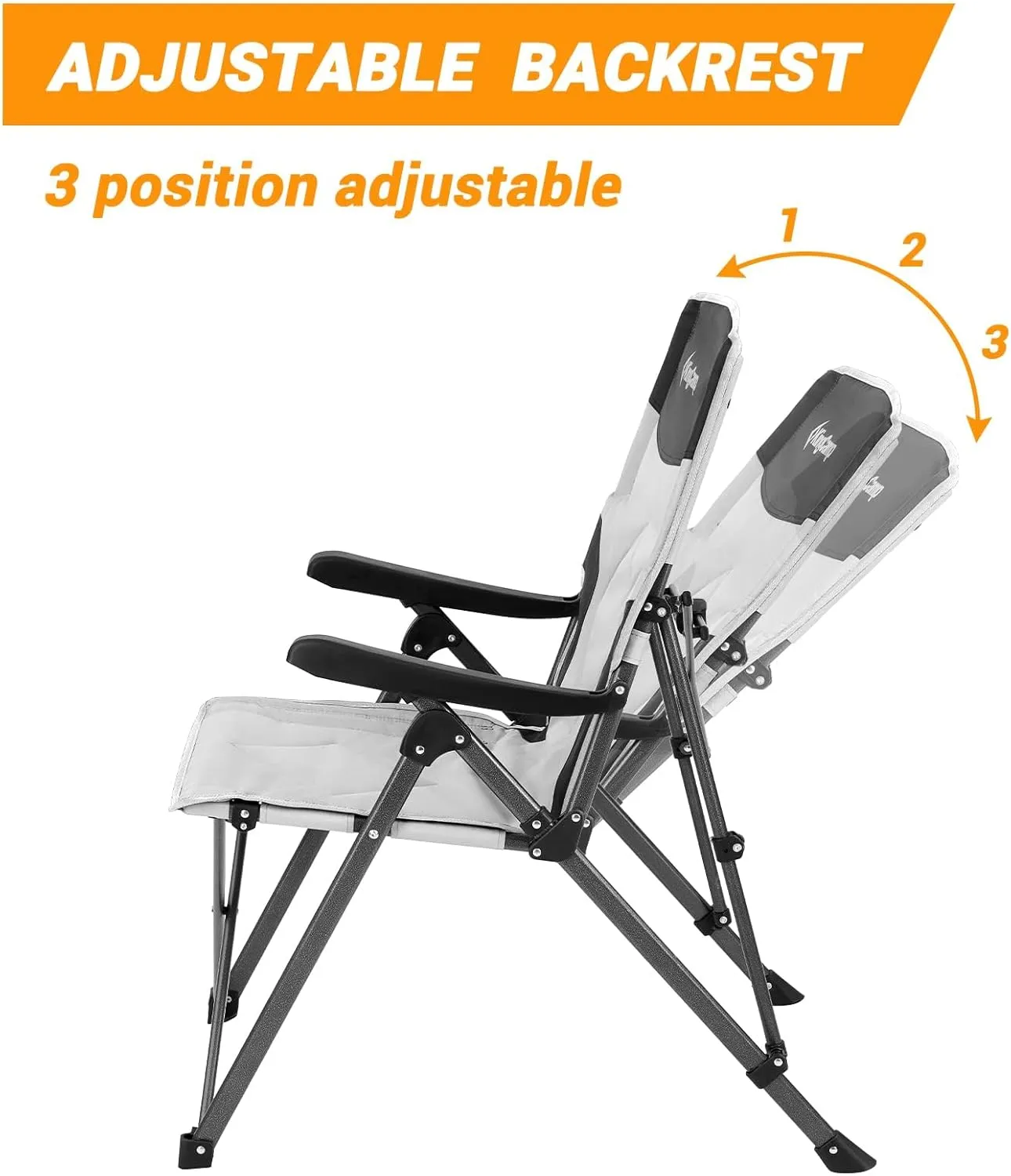 KingCamp Camping Chairs Adjustble Backrest, Heavy Duty Folding Chair, Reclining Camping Chair, Outdoor Lawn Chair, High Back Padded Camp Chair for Adults(Black/Grey)