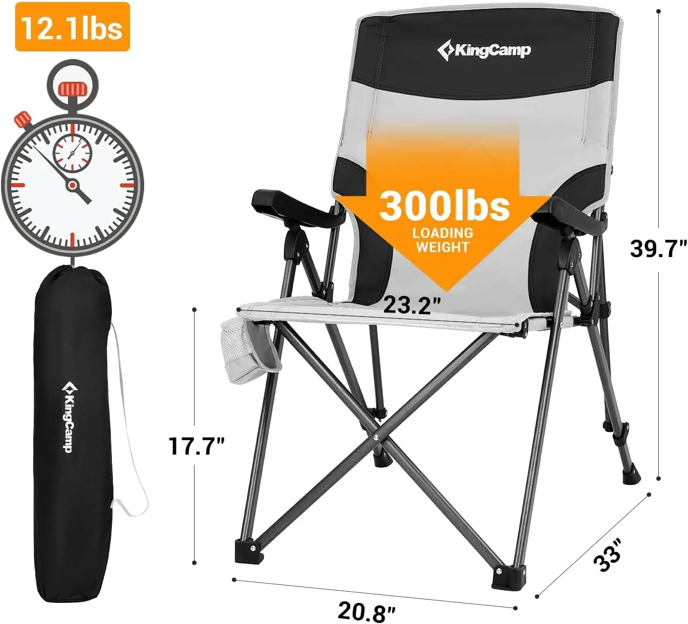 KingCamp Camping Chairs Adjustble Backrest, Heavy Duty Folding Chair, Reclining Camping Chair, Outdoor Lawn Chair, High Back Padded Camp Chair for Adults(Black/Grey)