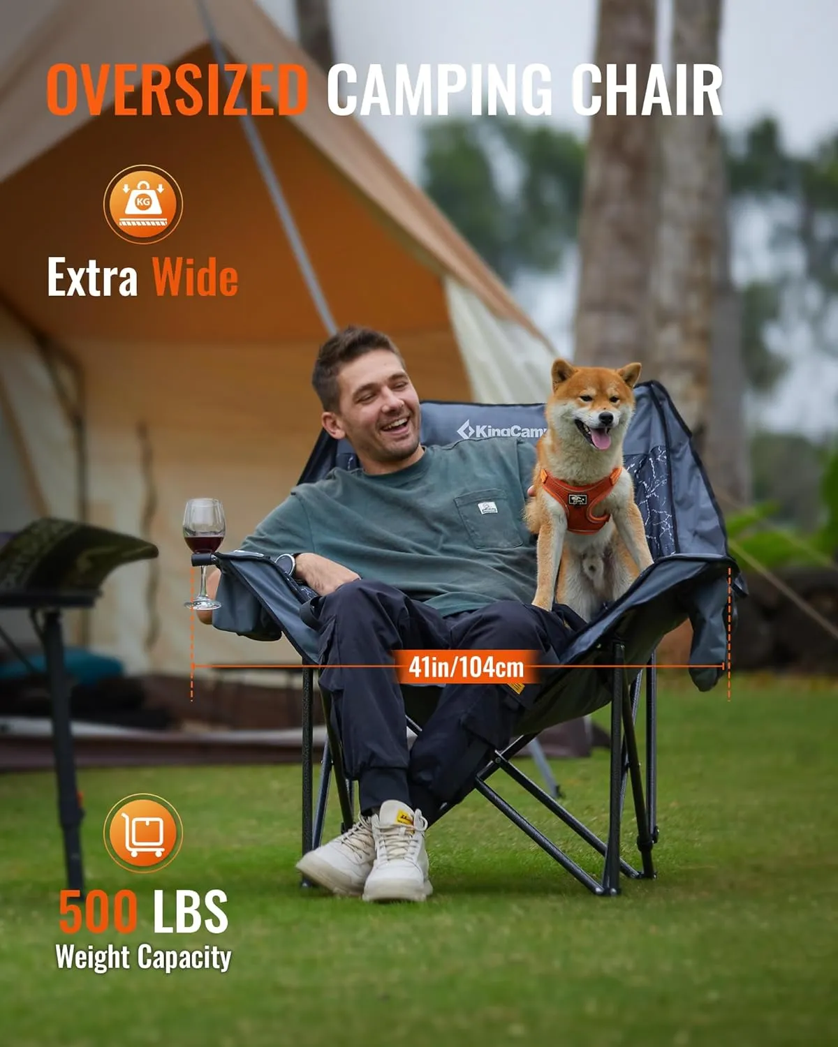 KingCamp Oversized Camping Chair Outdoor Portable Bucket Chair Heavy Duty Extra Large Moon Saucer Folding Chair for Adults, Supports 300lbs with Cooler Bag for Sports, Festival, Lawn
