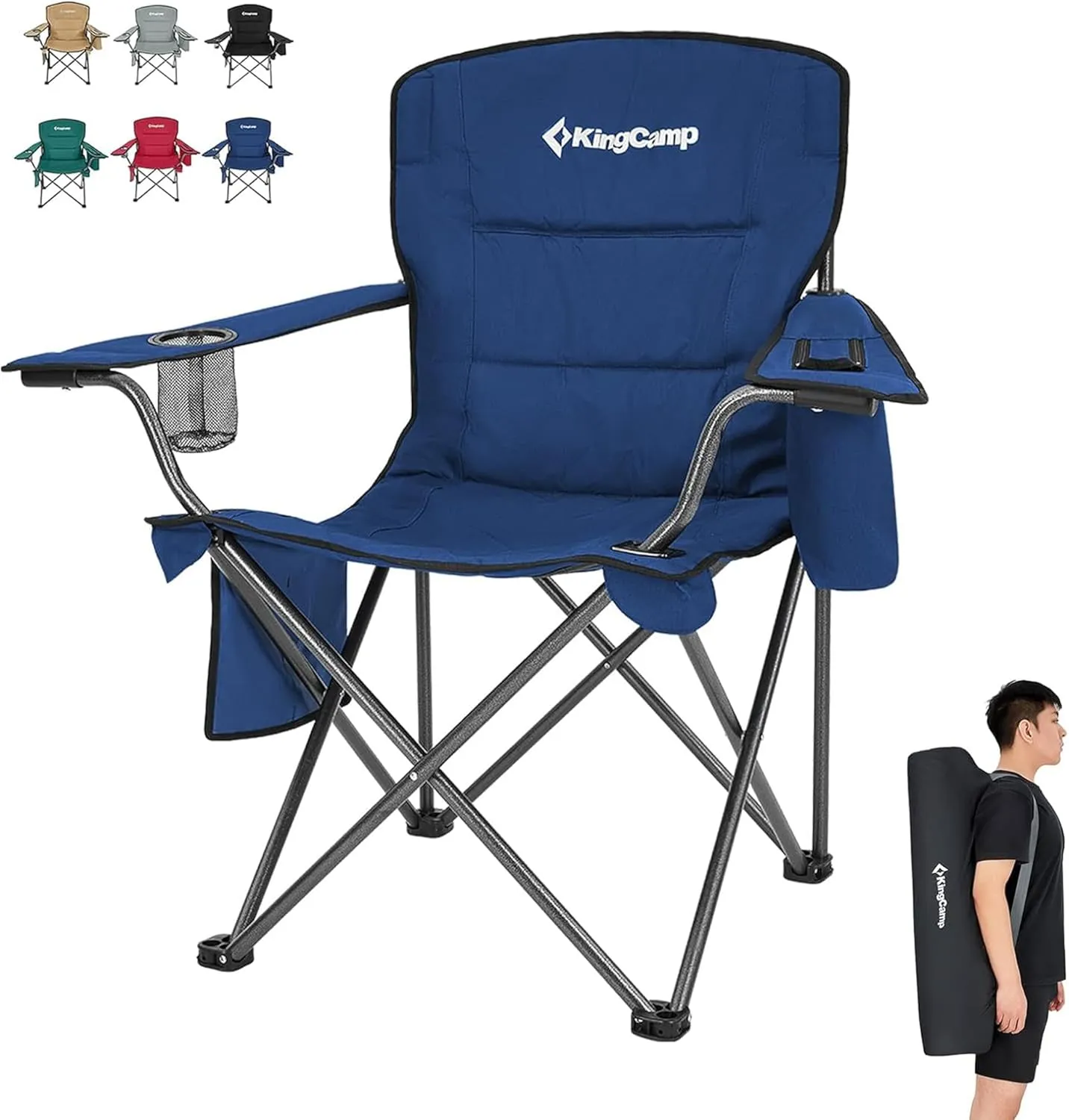 KingCamp Padded Portable Outdoor Folding Lounge Chair with Built in Cupholder, Insulated Cooler Sleeve, and Side Storage Pocket, Blue