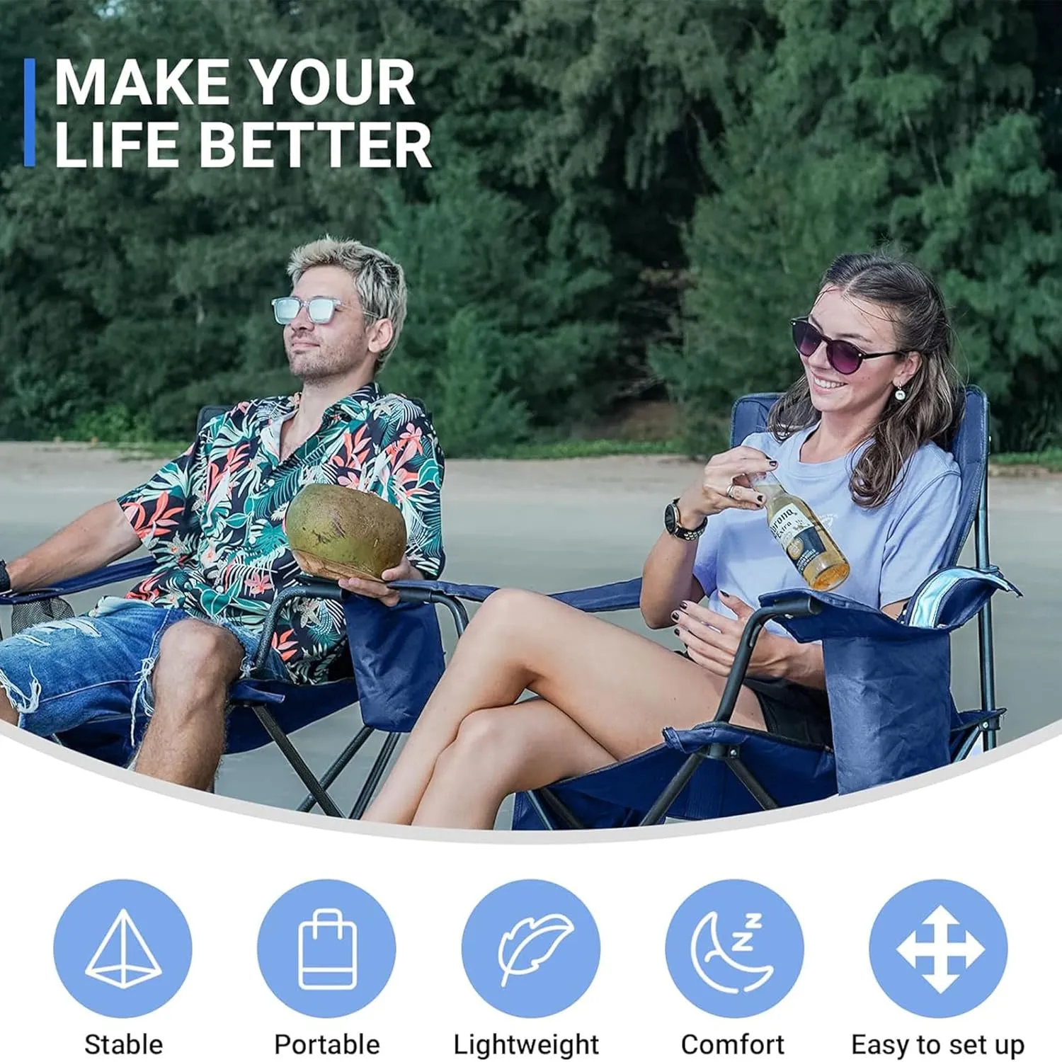 KingCamp Padded Portable Outdoor Folding Lounge Chair with Built in Cupholder, Insulated Cooler Sleeve, and Side Storage Pocket, Blue