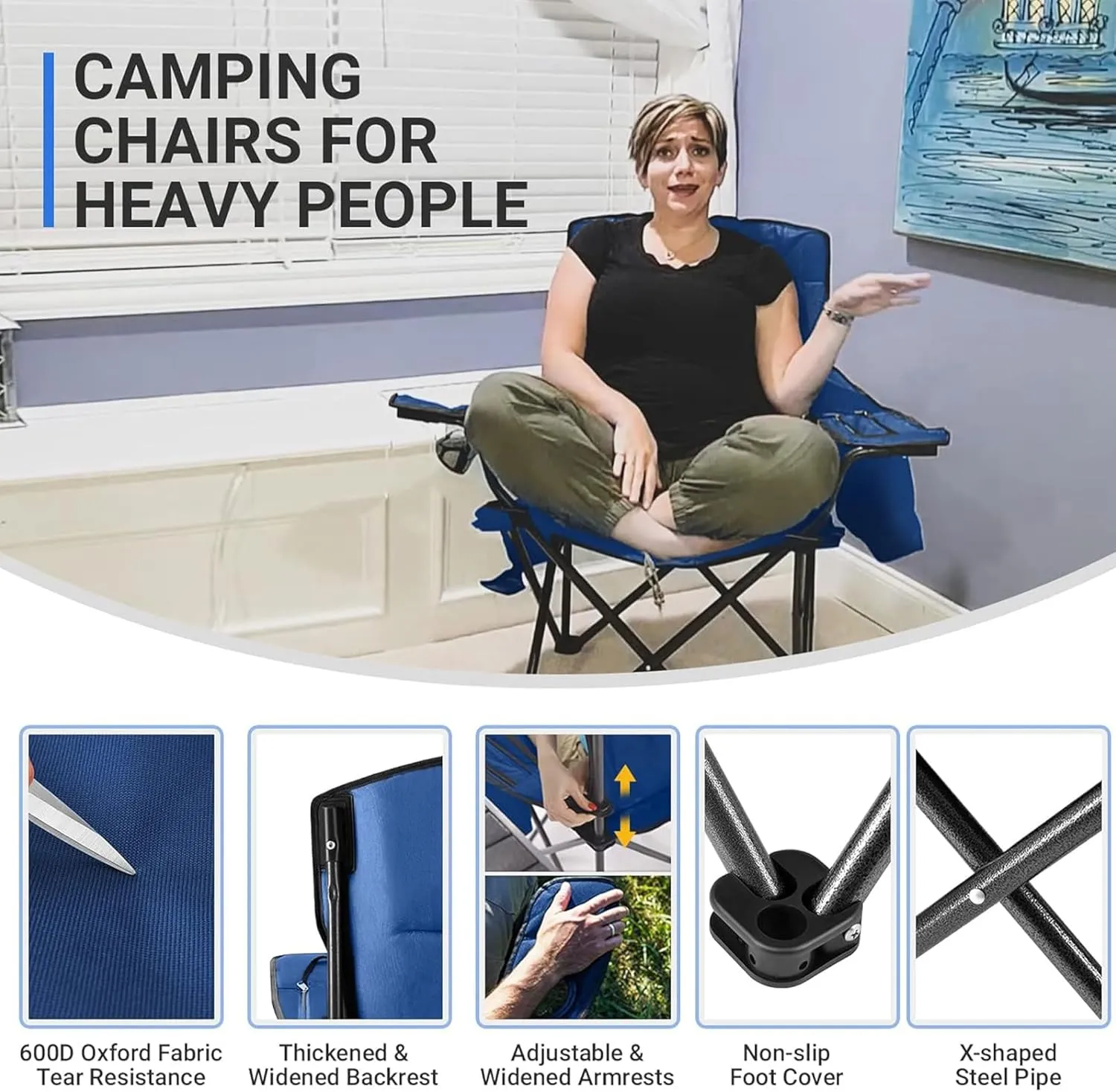 KingCamp Padded Portable Outdoor Folding Lounge Chair with Built in Cupholder, Insulated Cooler Sleeve, and Side Storage Pocket, Blue