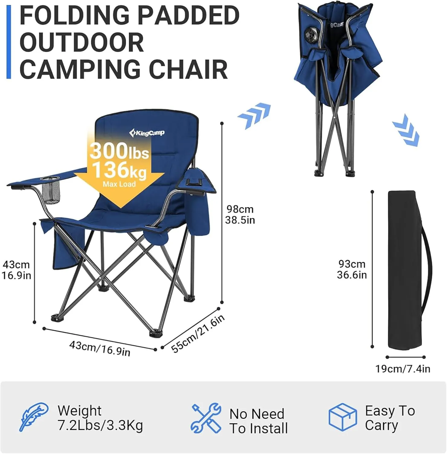 KingCamp Padded Portable Outdoor Folding Lounge Chair with Built in Cupholder, Insulated Cooler Sleeve, and Side Storage Pocket, Blue