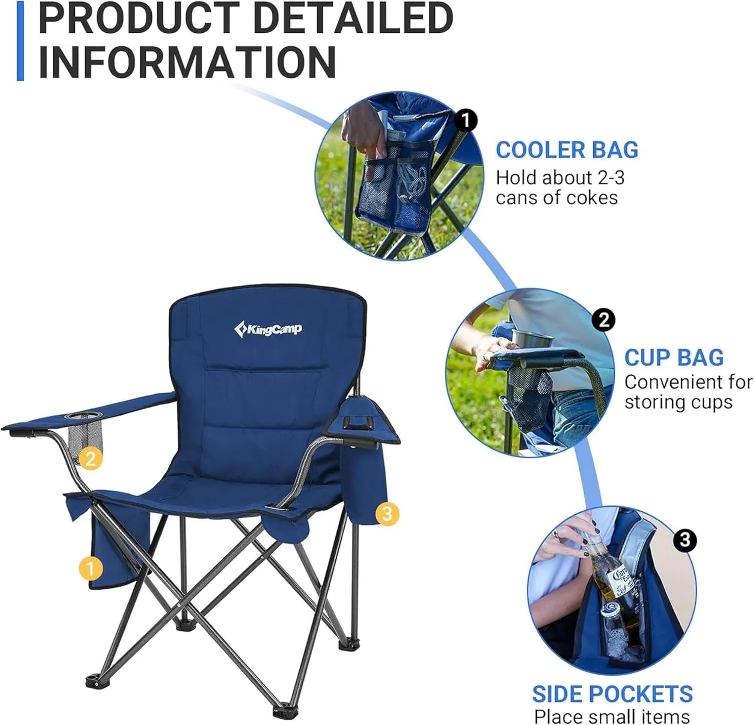 KingCamp Padded Portable Outdoor Folding Lounge Chair with Built in Cupholder, Insulated Cooler Sleeve, and Side Storage Pocket, Blue
