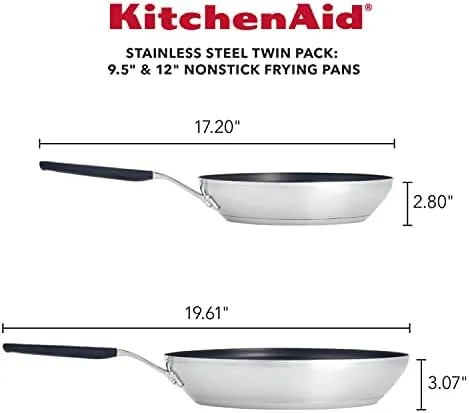 KitchenAid Stainless Steel Nonstick Frying Pans/Skillet Set, 9.5 Inch and 12 Inch, Brushed Stainless Steel