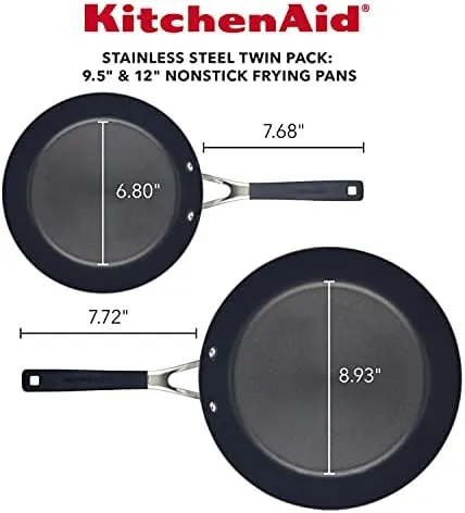 KitchenAid Stainless Steel Nonstick Frying Pans/Skillet Set, 9.5 Inch and 12 Inch, Brushed Stainless Steel