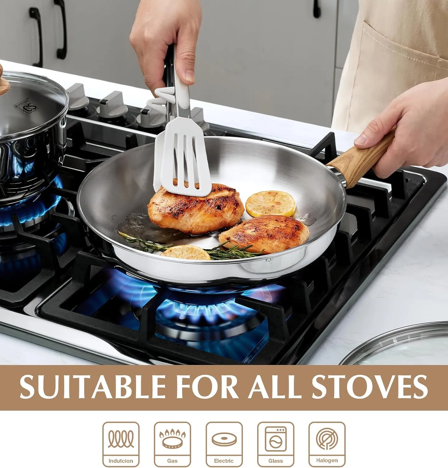 KOCH SYSTEME CS Stainless Steel Frying Pan Set of 3, 8"&10"&12" Stainless Steel Pans Set with Heat-resistant Bakelite Handle, Suitable for All Stove, Dishwasher Safe