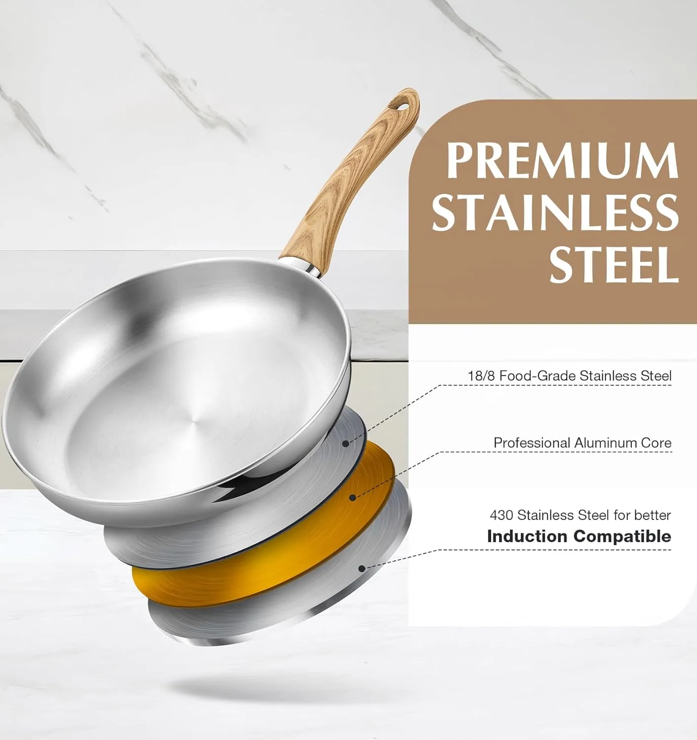 KOCH SYSTEME CS Stainless Steel Frying Pan Set of 3, 8"&10"&12" Stainless Steel Pans Set with Heat-resistant Bakelite Handle, Suitable for All Stove, Dishwasher Safe