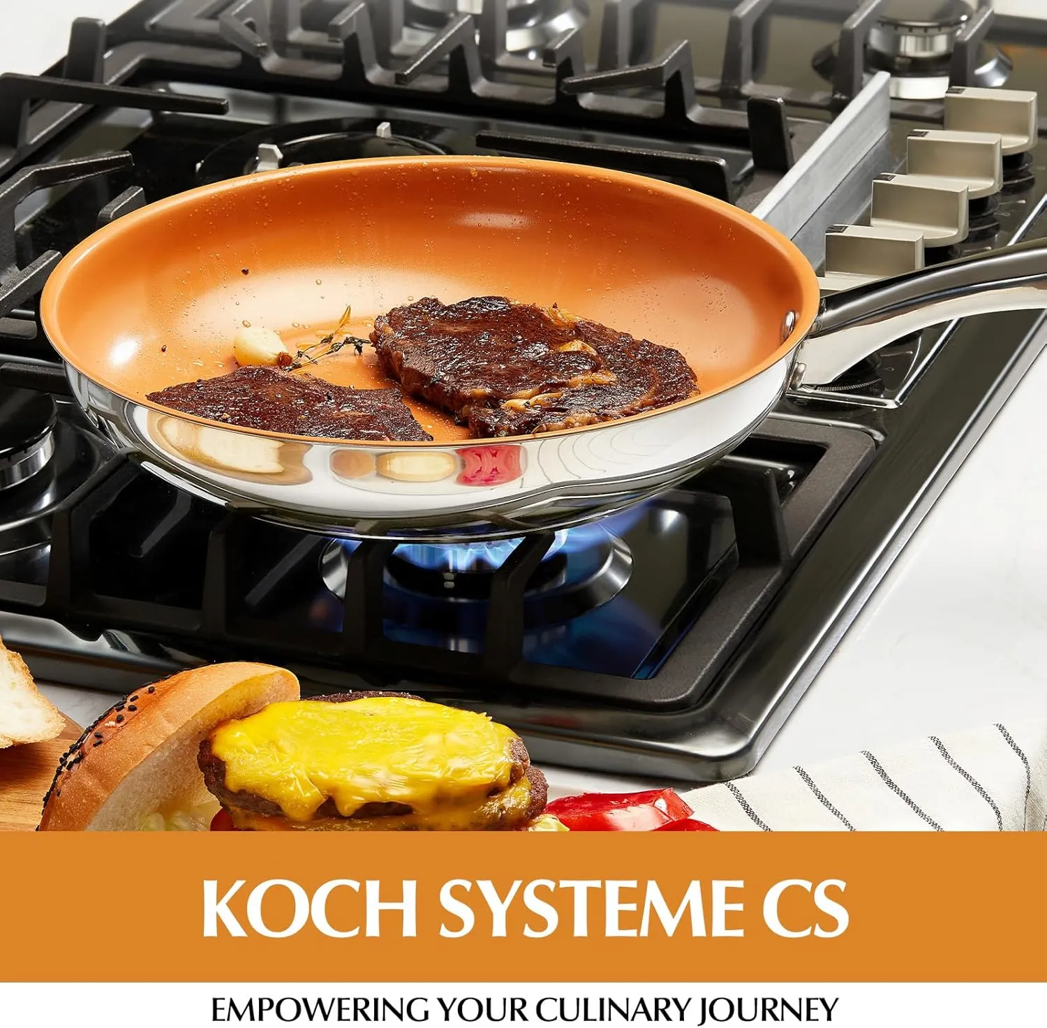 KOCH SYSTEME CS Stainless Steel Pan, 12 Inch Stainless Steel Frying Pan with Lid & Nonstick Copper Ceramic Coating, 12 Inch Copper Frying Pans with Lid, Steel Skillet, Induction Compatible