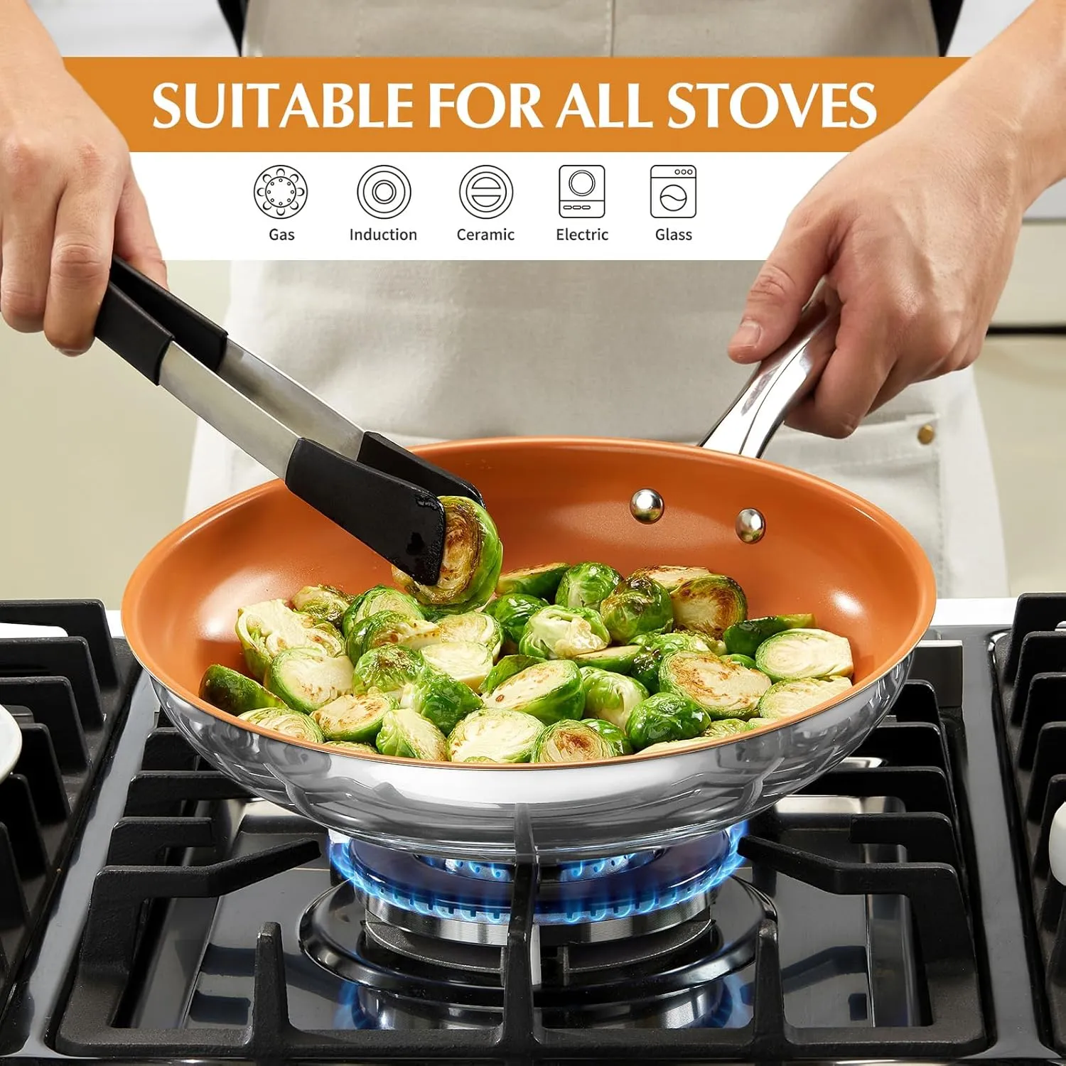 KOCH SYSTEME CS Stainless Steel Pan, 12 Inch Stainless Steel Frying Pan with Lid & Nonstick Copper Ceramic Coating, 12 Inch Copper Frying Pans with Lid, Steel Skillet, Induction Compatible