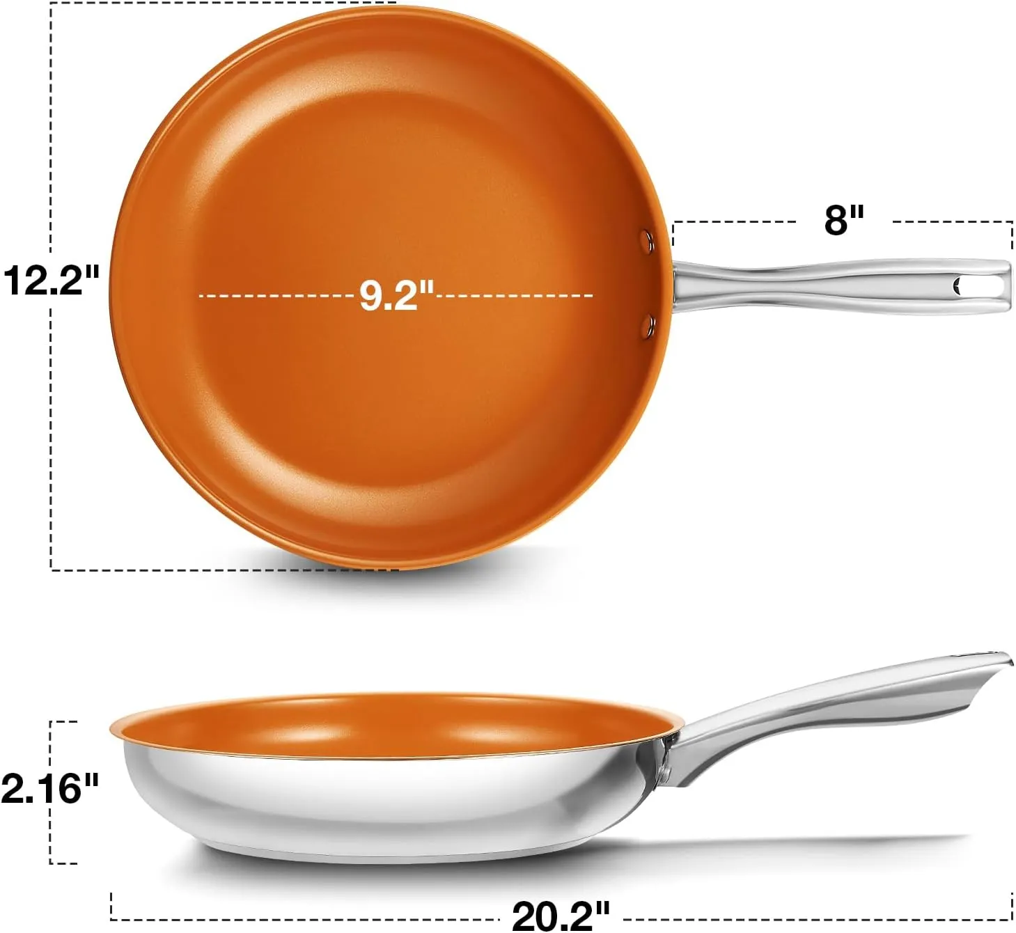 KOCH SYSTEME CS Stainless Steel Pan, 12 Inch Stainless Steel Frying Pan with Lid & Nonstick Copper Ceramic Coating, 12 Inch Copper Frying Pans with Lid, Steel Skillet, Induction Compatible