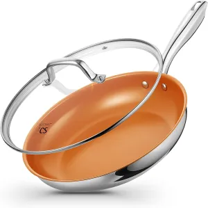 KOCH SYSTEME CS Stainless Steel Pan, 12 Inch Stainless Steel Frying Pan with Lid & Nonstick Copper Ceramic Coating, 12 Inch Copper Frying Pans with Lid, Steel Skillet, Induction Compatible