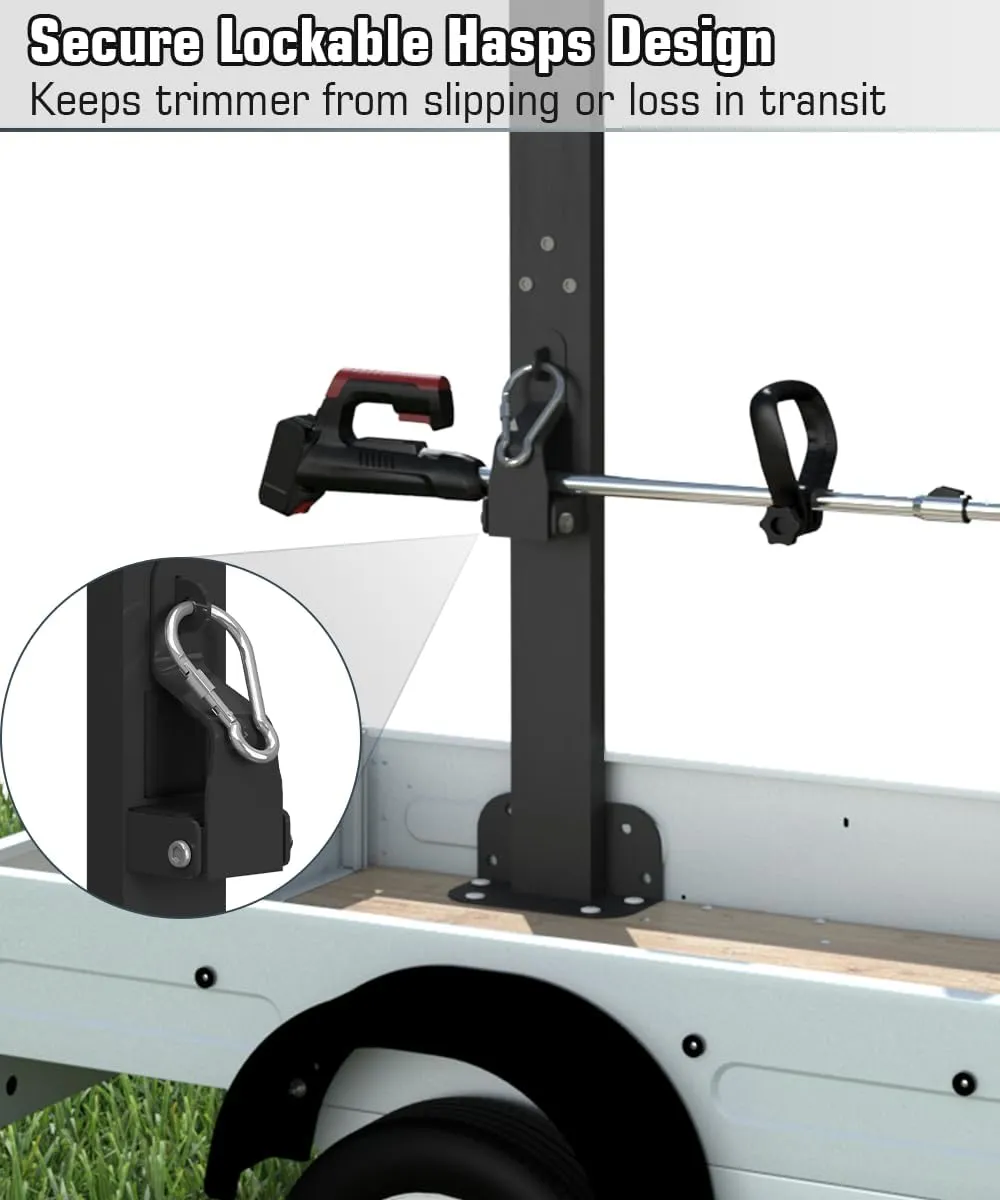 Koutemie 2 Place Weed Eater Rack for Open Trailer, Weedeater Rack with Lockable Hasp Mount on Landscape Trailer Truck, Enclosed Trimmer Rack Carrier with Trim Line Holder for Yard Lawn Tools Equipment
