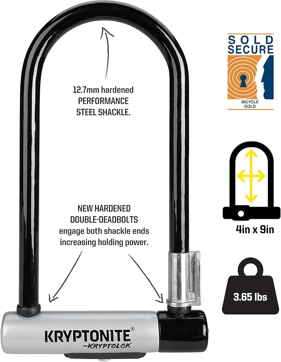 Kryptonite Kryptolok Standard Bike U-Lock with Cable, Heavy Duty Anti-Theft Bicycle U Lock, 12.7mm Shackle and 10mm x 4ft Length Security Cable with Mounting Bracket and Keys