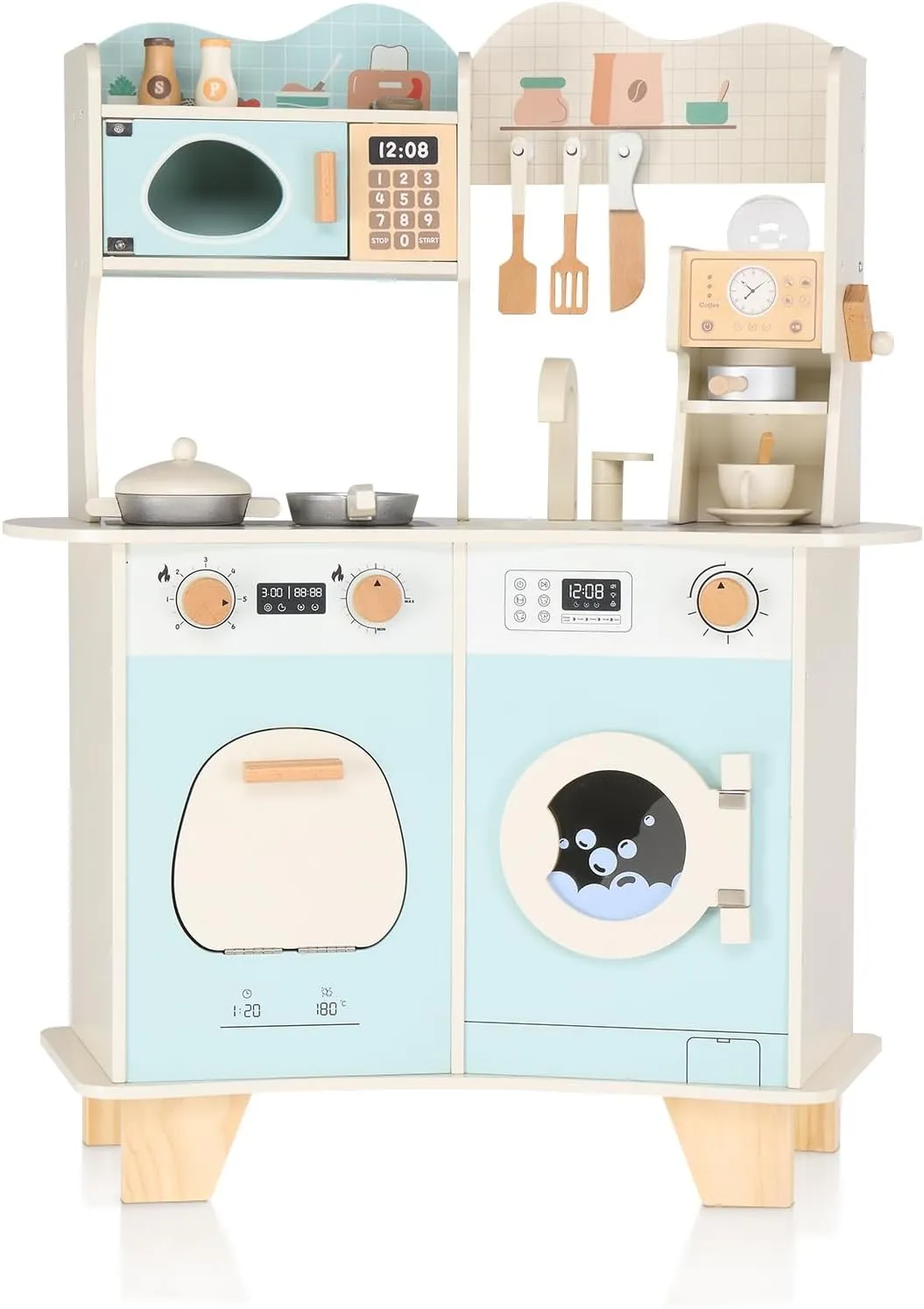 Ktaxon Wooden Play Kitchen for Kids, Pretend Kitchen Playset with Coffee Maker, Toy Washing Machine & Cooking Set Accessories for 3  Years Old Girls and Boys