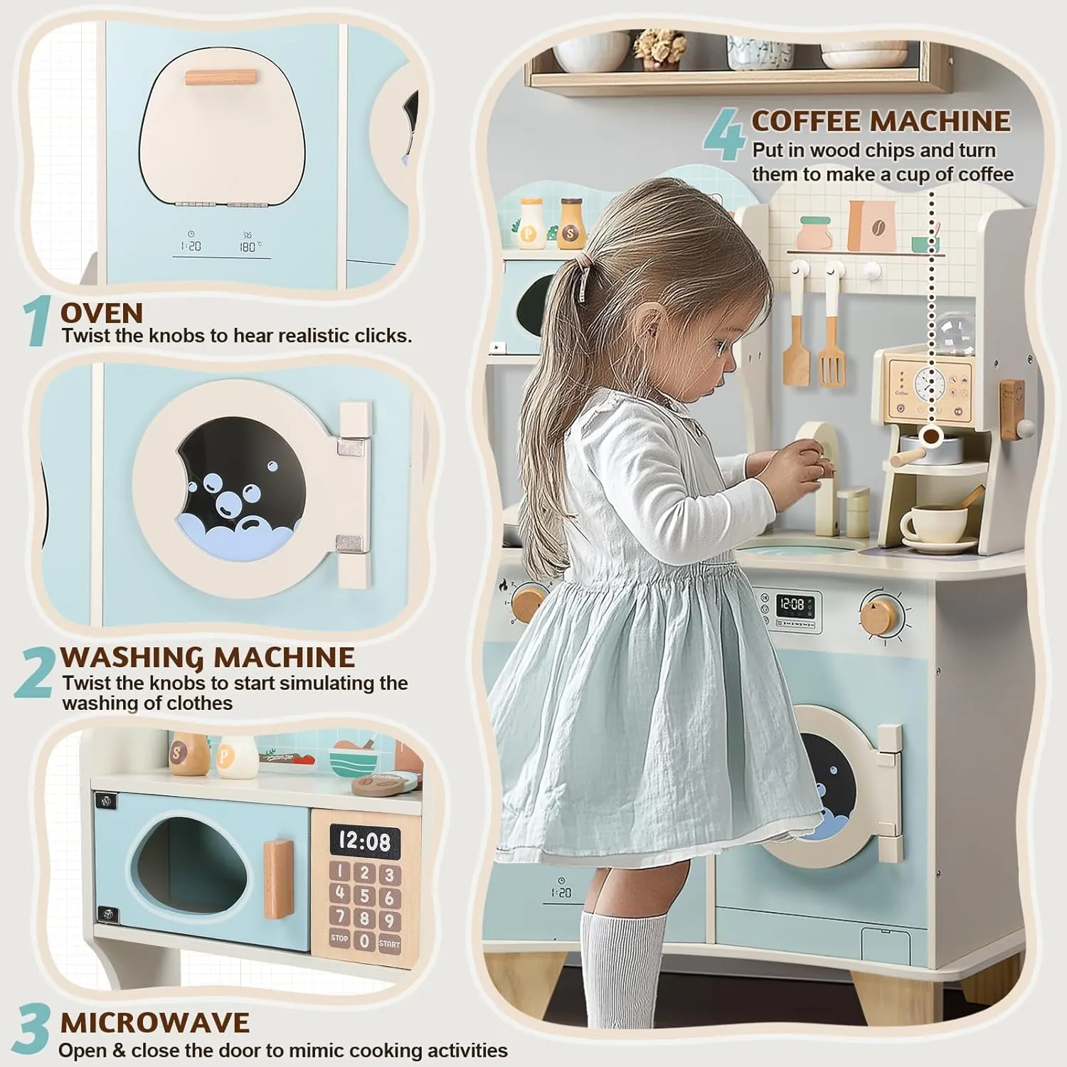 Ktaxon Wooden Play Kitchen for Kids, Pretend Kitchen Playset with Coffee Maker, Toy Washing Machine & Cooking Set Accessories for 3  Years Old Girls and Boys