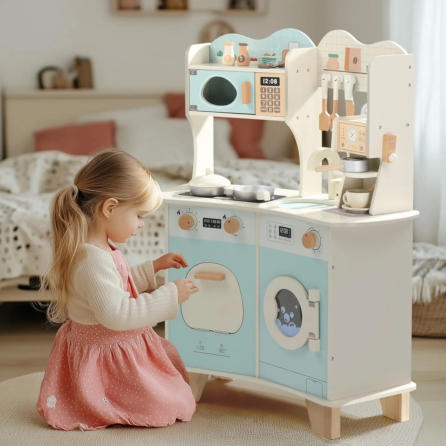 Ktaxon Wooden Play Kitchen for Kids, Pretend Kitchen Playset with Coffee Maker, Toy Washing Machine & Cooking Set Accessories for 3  Years Old Girls and Boys