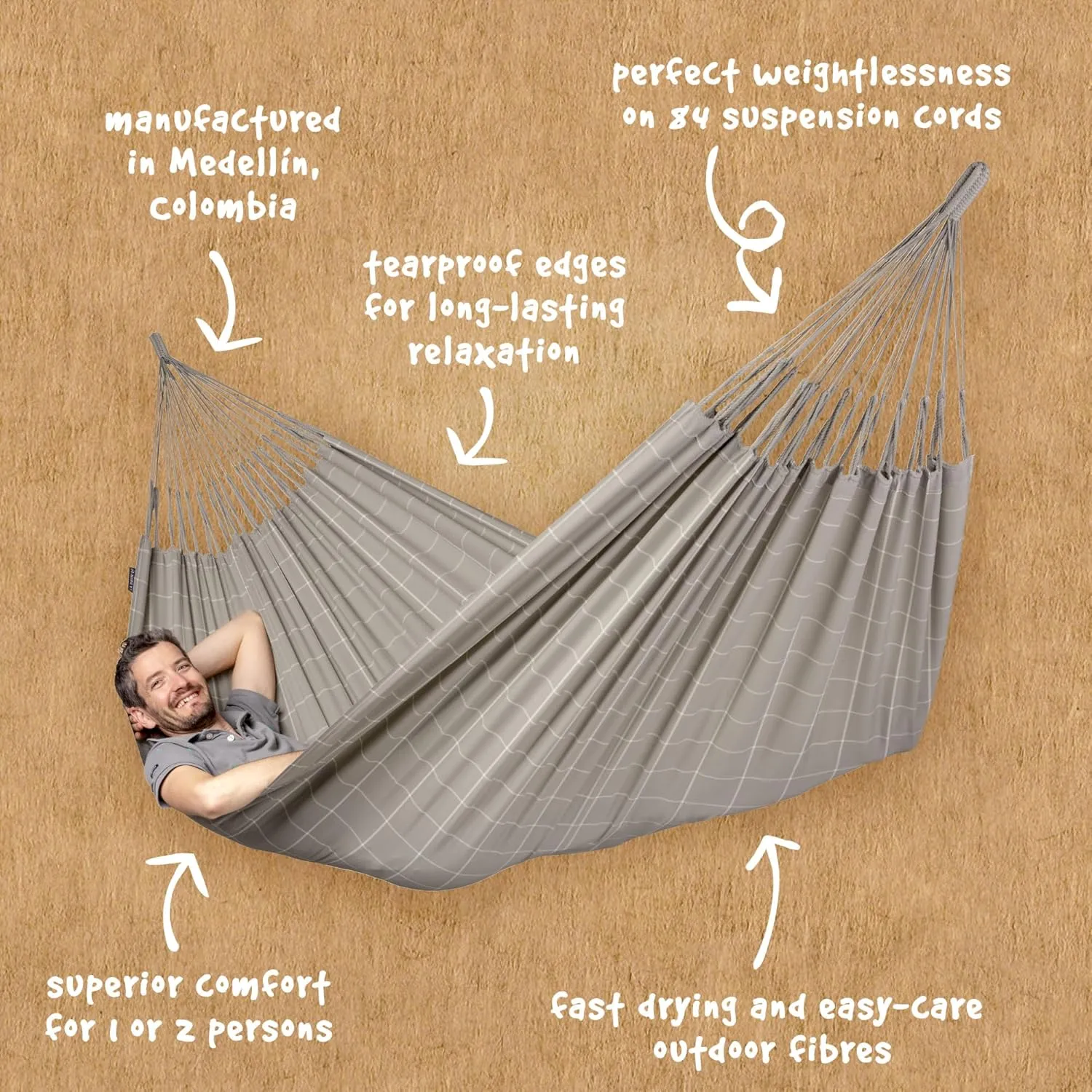 La Siesta® Large Double Brisa Classic Hammock, Outdoor Indoor Hammock Swing - Handmade Weather & Tear Resistant Patio Backyard Bedroom Hammock, Almond