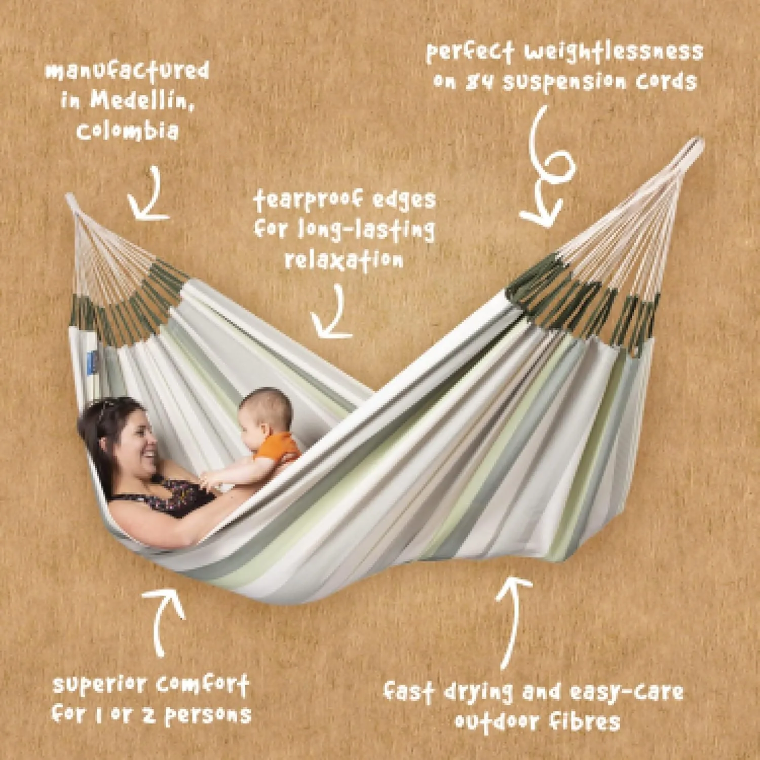 La Siesta® Large Double Brisa Classic Hammock, Outdoor Indoor Hammock Swing - Handmade Weather & Tear Resistant Patio Backyard Bedroom