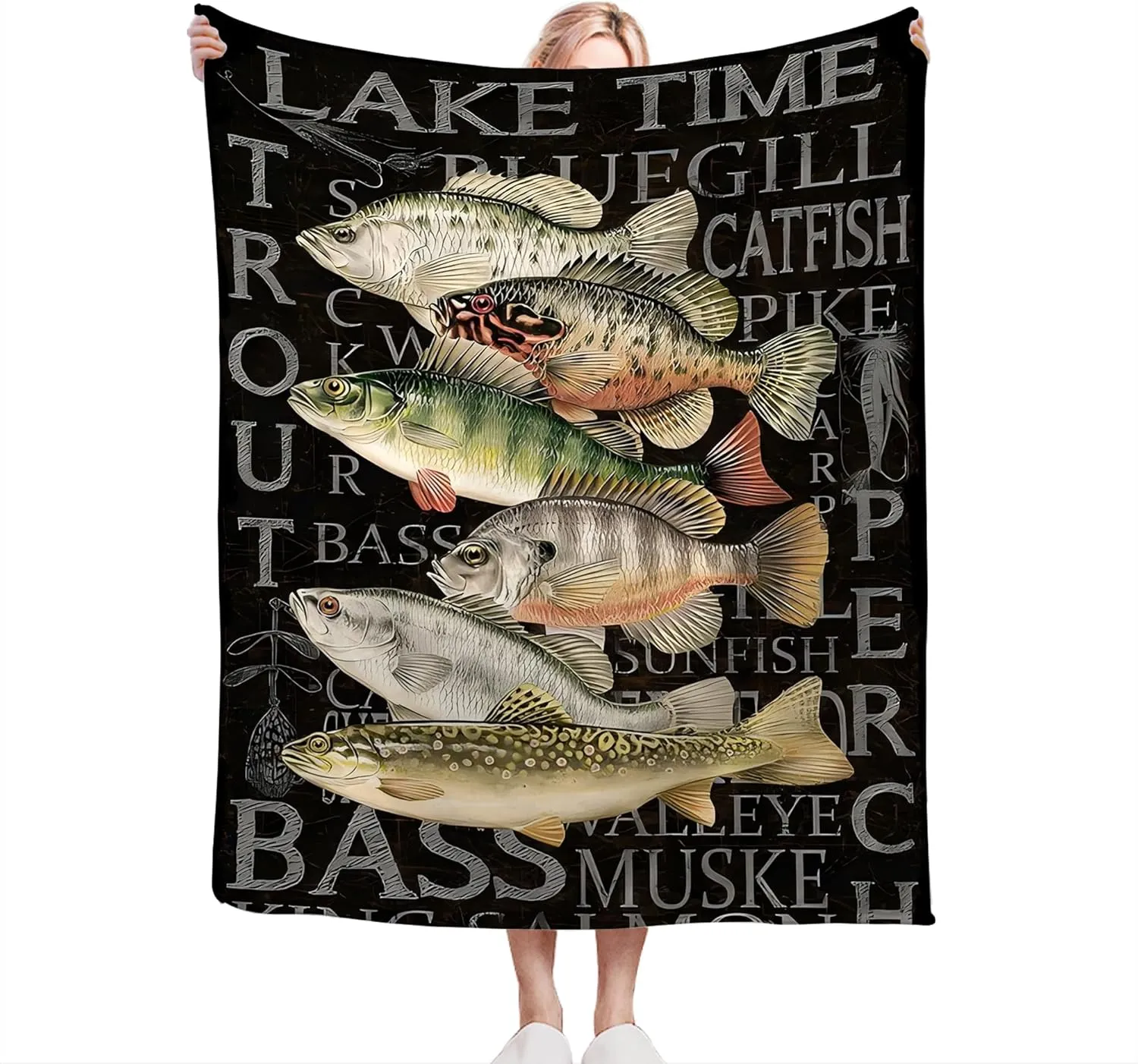 Lake Fishing Throw Blanket - Fish Decor Gifts for Women, Men, Kids, Adults - Soft Warm Cozy Fleece for Couch, Sofa, Bed 50"x40"