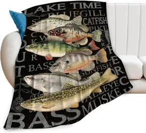 Lake Fishing Throw Blanket - Fish Decor Gifts for Women, Men, Kids, Adults - Soft Warm Cozy Fleece for Couch, Sofa, Bed 50"x40"