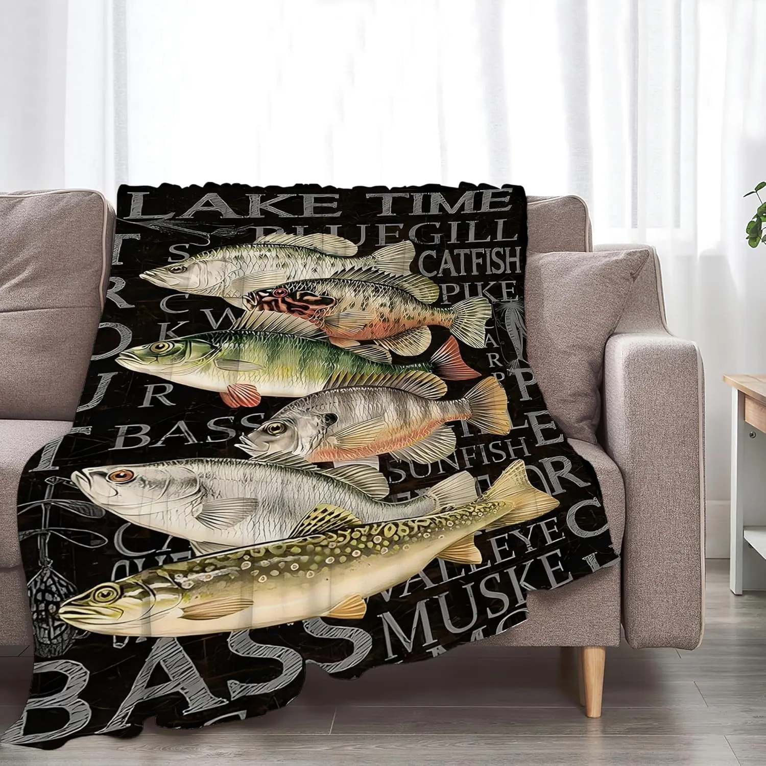 Lake Fishing Throw Blanket - Fish Decor Gifts for Women, Men, Kids, Adults - Soft Warm Cozy Fleece for Couch, Sofa, Bed 50"x40"