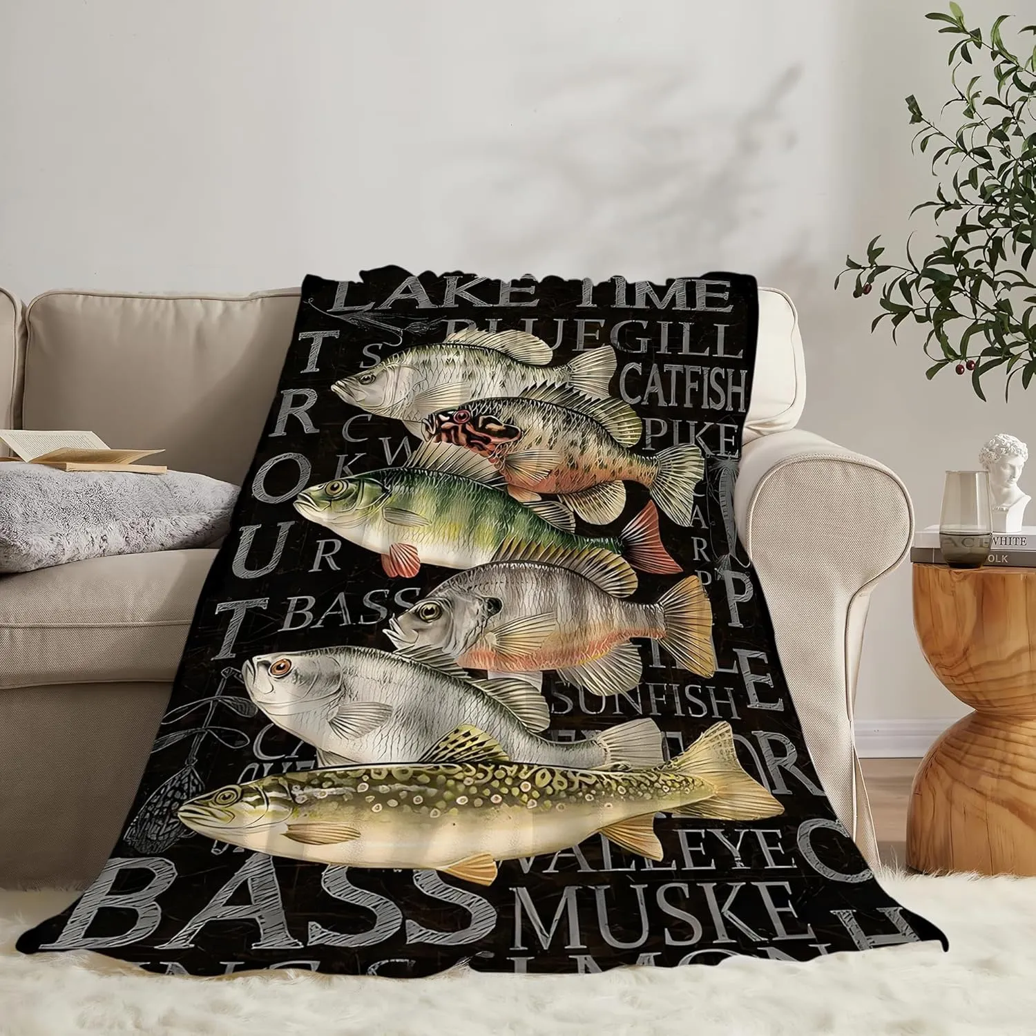 Lake Fishing Throw Blanket - Fish Decor Gifts for Women, Men, Kids, Adults - Soft Warm Cozy Fleece for Couch, Sofa, Bed 50"x40"
