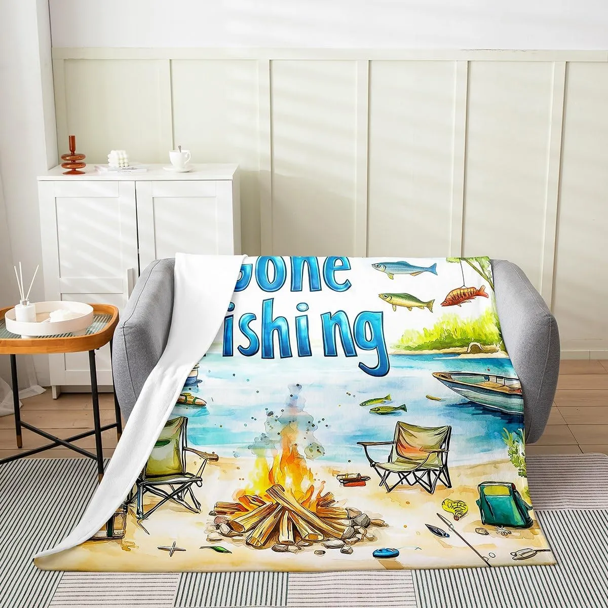 Lakeside Fishing Flannel Blanket for Kids Adults,Outdoor Camping Adventure Flannel Fleece Blanket Throw 50"x60",Kids Boys Coastal Boat Bed Sofa Couch Blankets,Fisherman Fishing Fuzzy Blanket