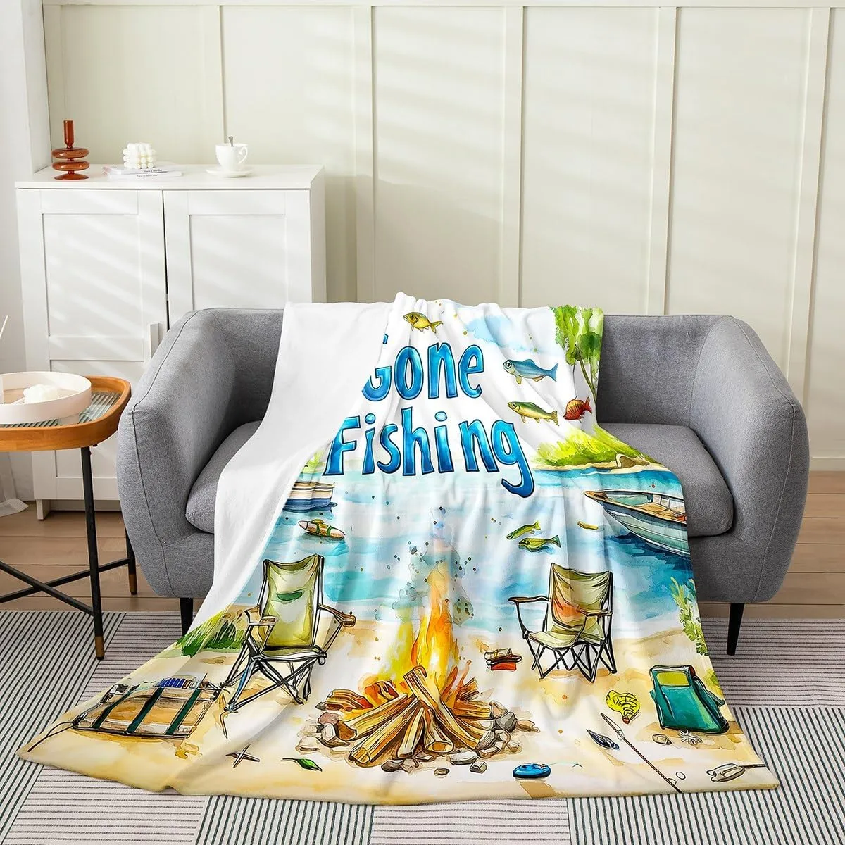 Lakeside Fishing Flannel Blanket for Kids Adults,Outdoor Camping Adventure Flannel Fleece Blanket Throw 50"x60",Kids Boys Coastal Boat Bed Sofa Couch Blankets,Fisherman Fishing Fuzzy Blanket