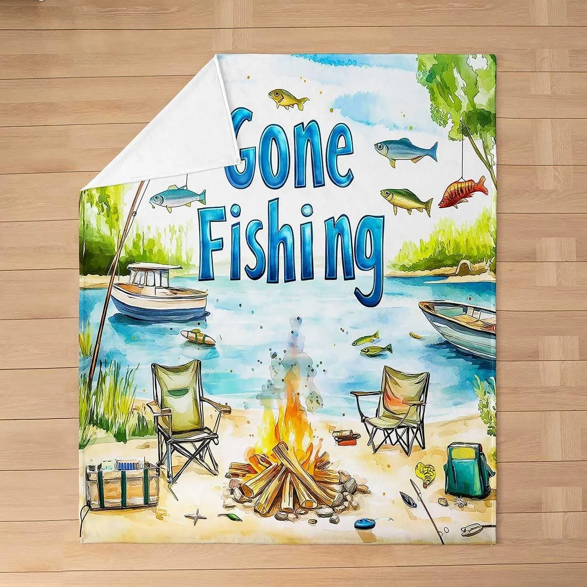 Lakeside Fishing Flannel Blanket for Kids Adults,Outdoor Camping Adventure Flannel Fleece Blanket Throw 50"x60",Kids Boys Coastal Boat Bed Sofa Couch Blankets,Fisherman Fishing Fuzzy Blanket