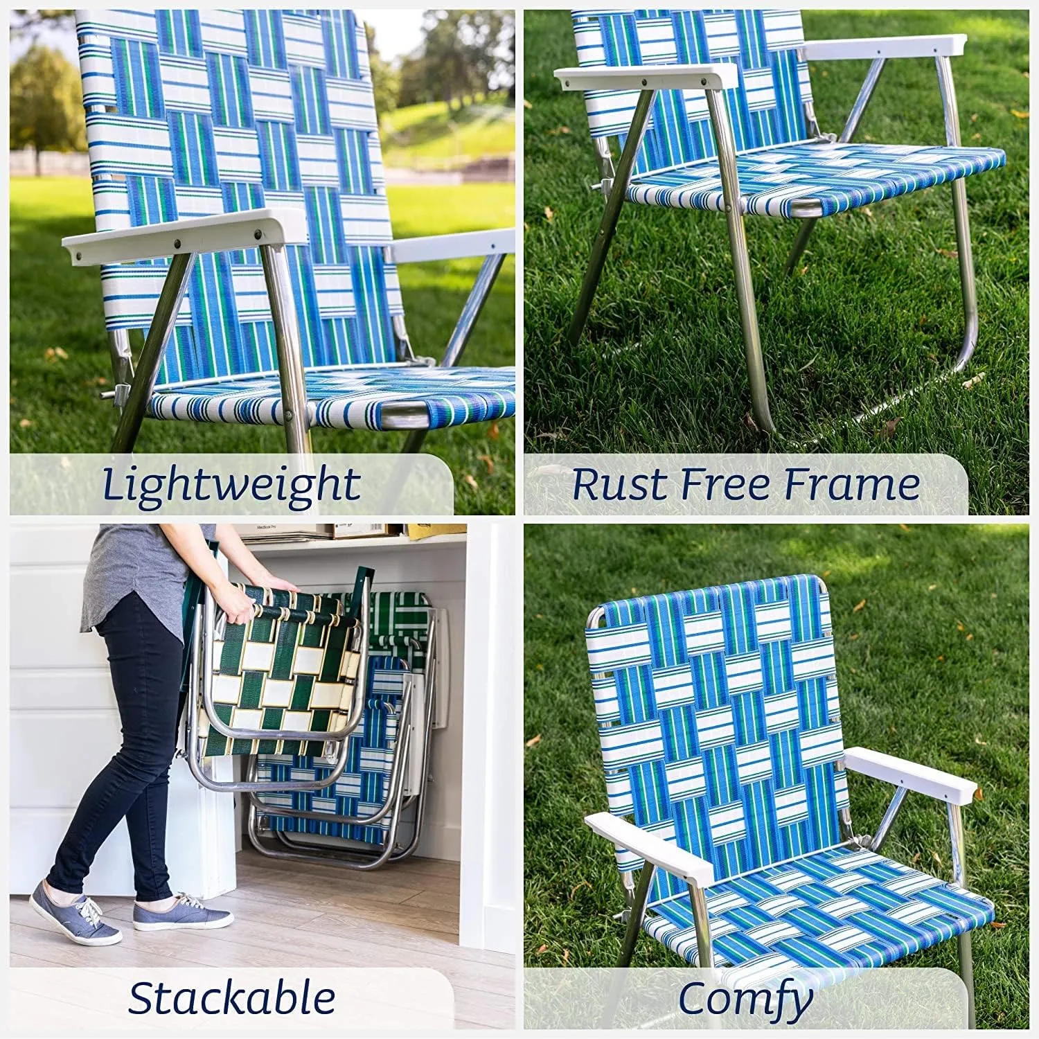 Lawn Chair USA - Outdoor Chairs for Camping. Made with Lightweight Aluminum Frames and UV-Resistant Webbing. Folds for Easy Storage 2- Pack (Green and White Stripes with White Arms, Classic)