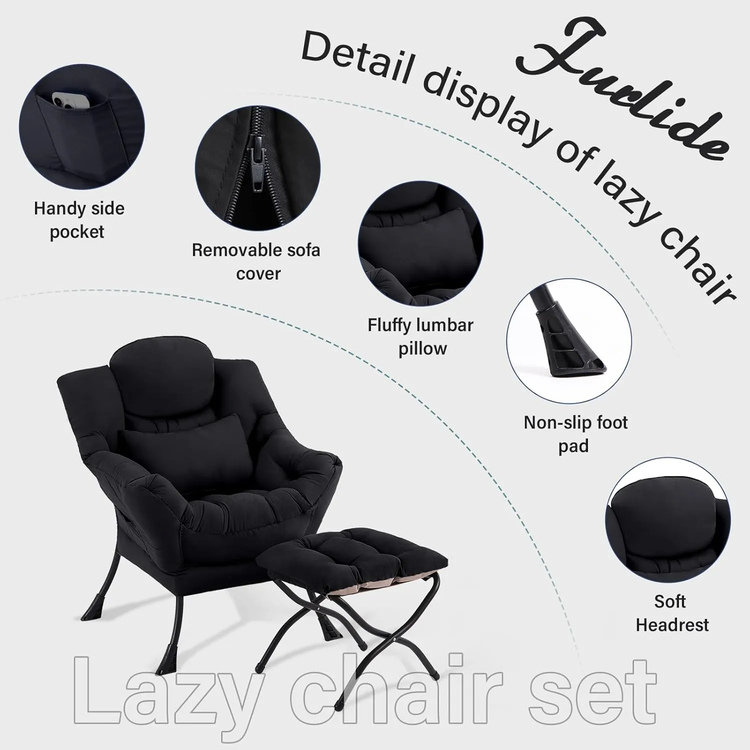 Lazy Chair with Ottoman, Comfy Fabric Accent Lounge Arm Chair with Lumbar Pillow and Folding Footrest, Reading Leisure Sofa Chair for Bedroom, Living Room, Dorm,Black