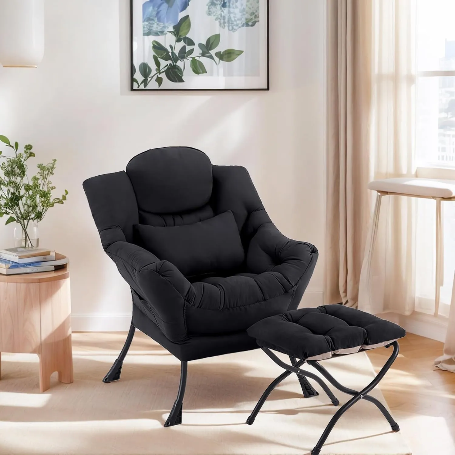Lazy Chair with Ottoman, Comfy Fabric Accent Lounge Arm Chair with Lumbar Pillow and Folding Footrest, Reading Leisure Sofa Chair for Bedroom, Living Room, Dorm,Black