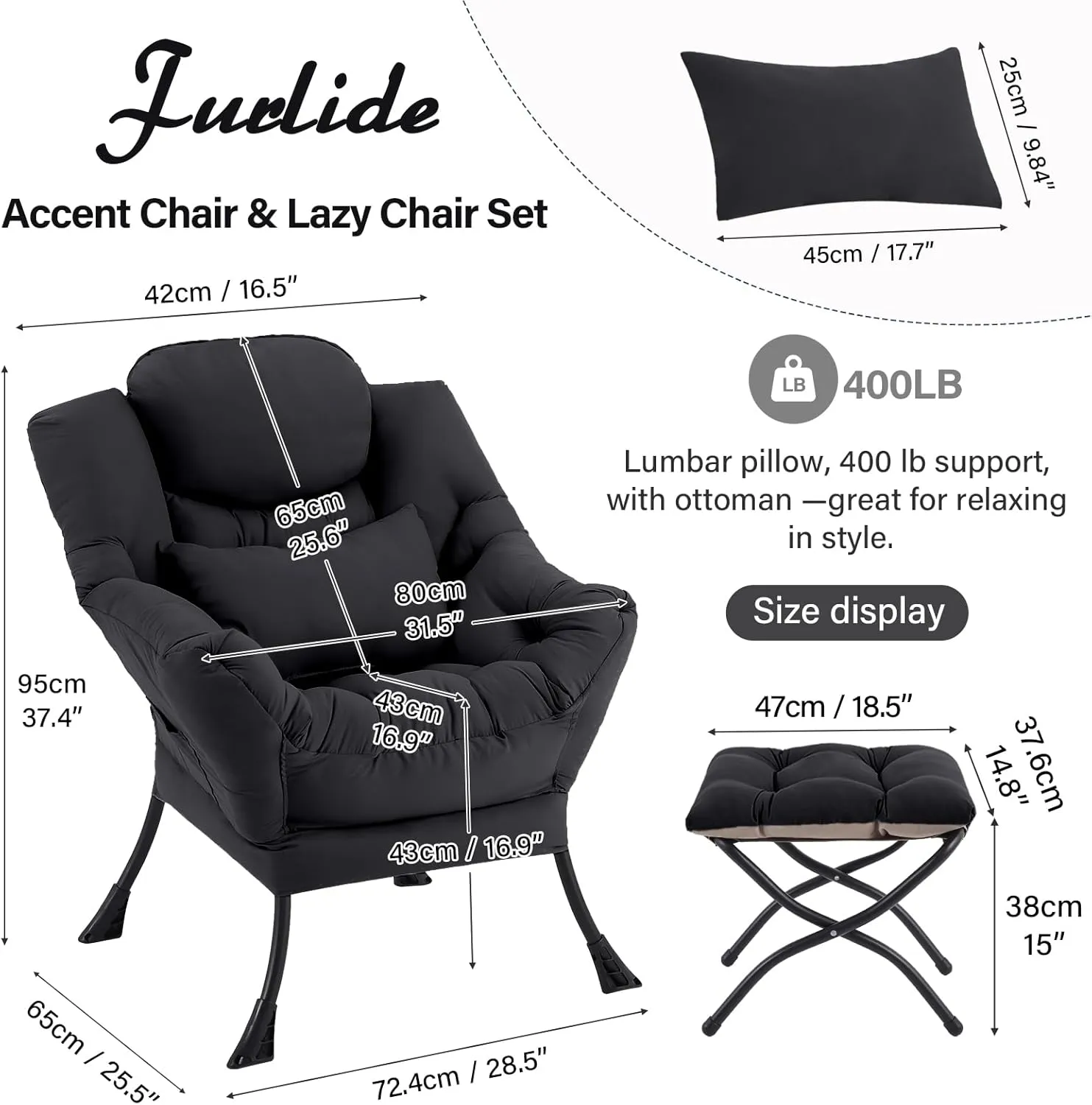 Lazy Chair with Ottoman, Comfy Fabric Accent Lounge Arm Chair with Lumbar Pillow and Folding Footrest, Reading Leisure Sofa Chair for Bedroom, Living Room, Dorm,Black