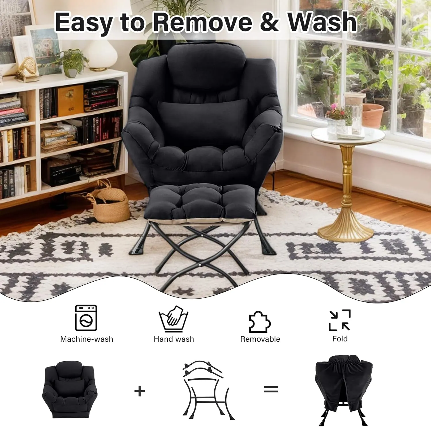 Lazy Chair with Ottoman, Comfy Fabric Accent Lounge Arm Chair with Lumbar Pillow and Folding Footrest, Reading Leisure Sofa Chair for Bedroom, Living Room, Dorm,Black