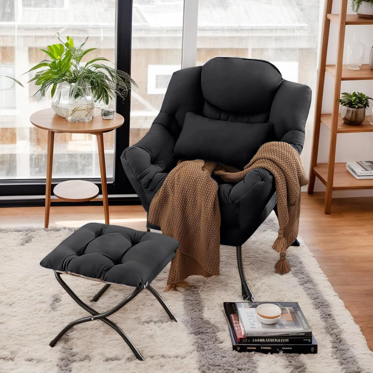 Lazy Chair with Ottoman, Comfy Fabric Accent Lounge Arm Chair with Lumbar Pillow and Folding Footrest, Reading Leisure Sofa Chair for Bedroom, Living Room, Dorm,Black