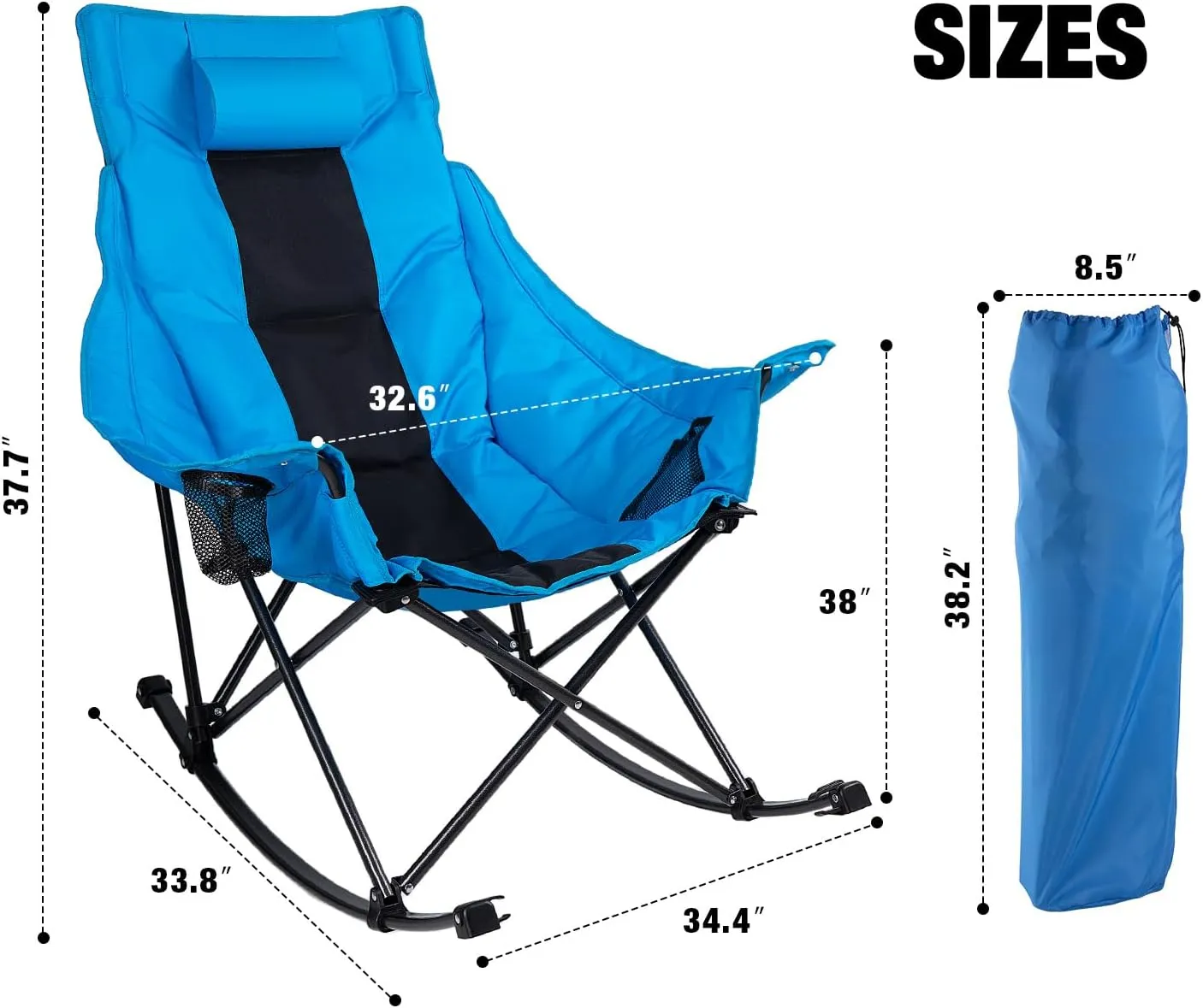 LEMBERI Outdoor Folding Rocking Camping Chair for Adults,Portable Oversized Heavy Duty Camping Rocker, Folding Lawn Chair for Outside Use with Cup Holder,Cooler Bag and Side Pocket