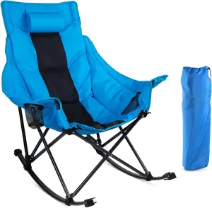 LEMBERI Outdoor Folding Rocking Camping Chair for Adults,Portable Oversized Heavy Duty Camping Rocker, Folding Lawn Chair for Outside Use with Cup Holder,Cooler Bag and Side Pocket