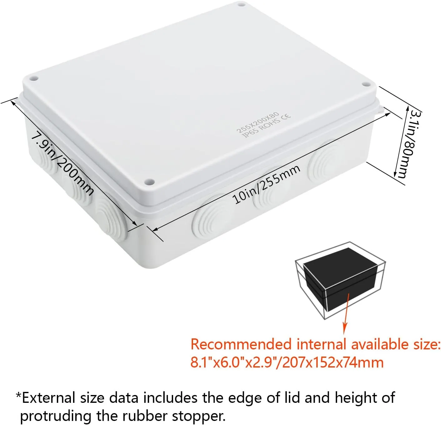 LeMotech Junction Box, ABS Plastic IP65 Waterproof and Dustproof, Universal Electrical Enclosure, Outdoor and Indoor Project Box 10 x 7.9 x 3.1 inch (255 x 200 x 80 mm)
