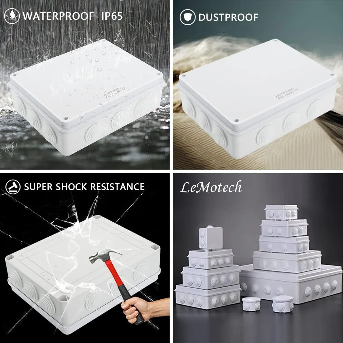 LeMotech Junction Box, ABS Plastic IP65 Waterproof and Dustproof, Universal Electrical Enclosure, Outdoor and Indoor Project Box 10 x 7.9 x 3.1 inch (255 x 200 x 80 mm)