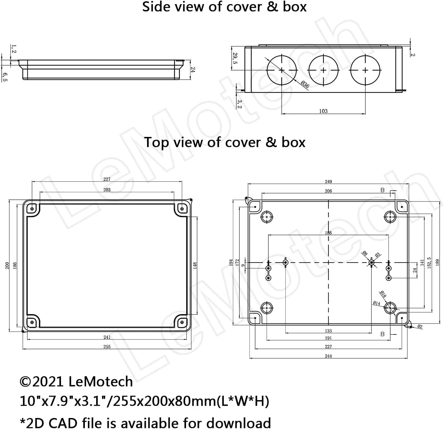 LeMotech Junction Box, ABS Plastic IP65 Waterproof and Dustproof, Universal Electrical Enclosure, Outdoor and Indoor Project Box 10 x 7.9 x 3.1 inch (255 x 200 x 80 mm)