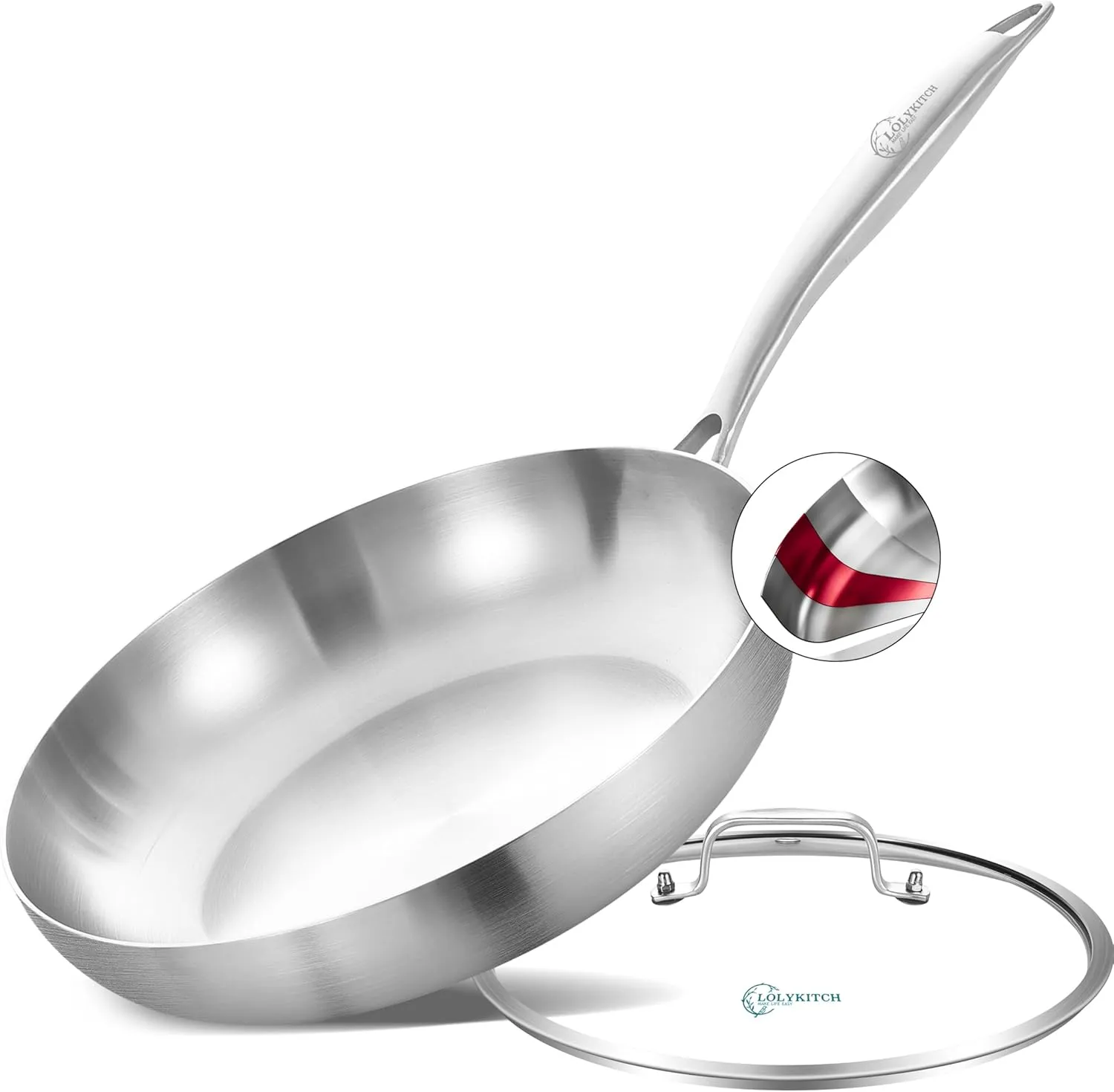 LOLYKITCH 12 Inch Tri-Ply Stainless Steel Frying Pan with Lid,Skillet,Induction Cooking Pan,Oven Safe and Detachable Handle
