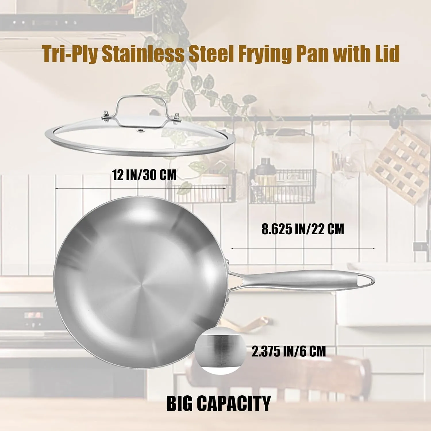 LOLYKITCH 12 Inch Tri-Ply Stainless Steel Frying Pan with Lid,Skillet,Induction Cooking Pan,Oven Safe and Detachable Handle