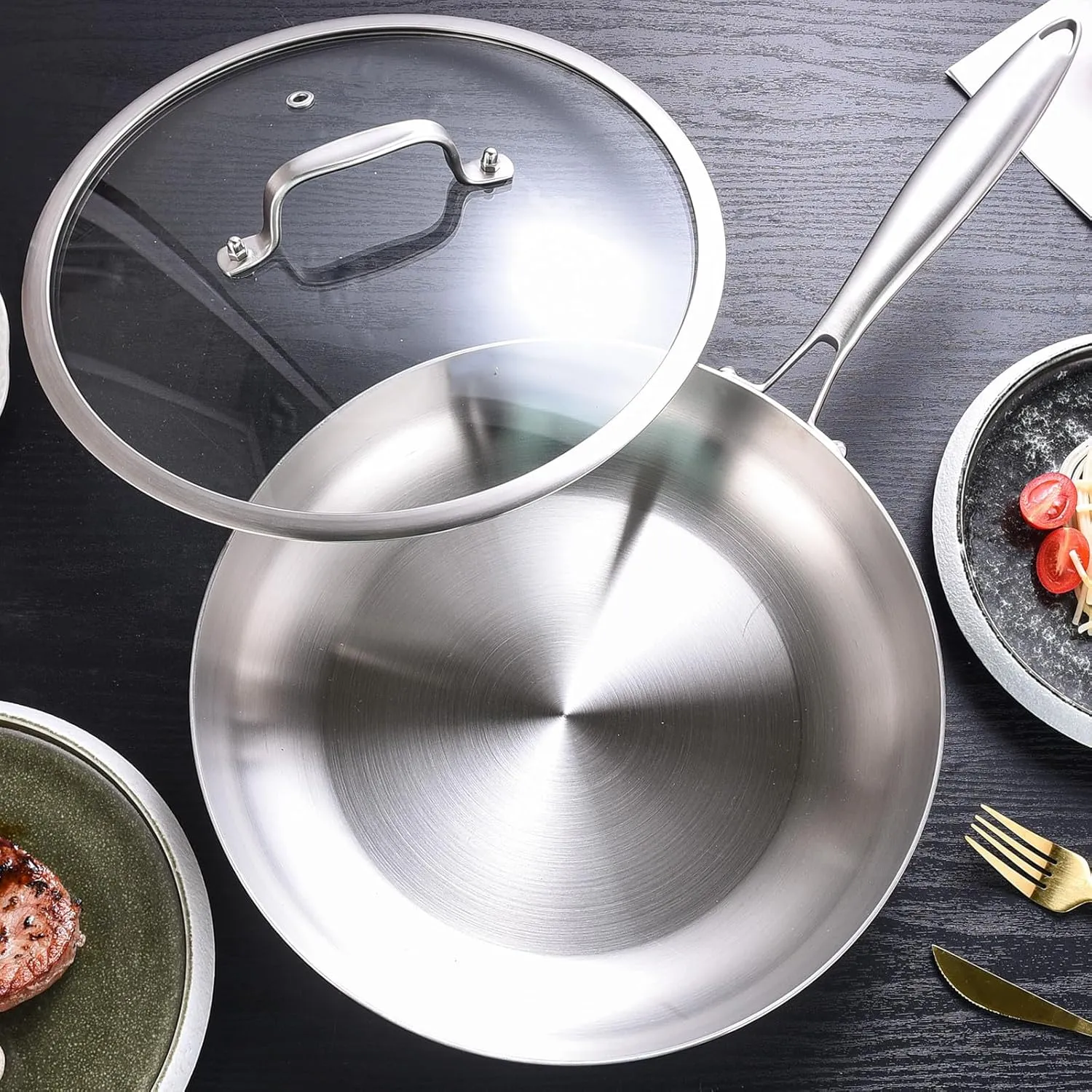 LOLYKITCH 12 Inch Tri-Ply Stainless Steel Frying Pan with Lid,Skillet,Induction Cooking Pan,Oven Safe and Detachable Handle