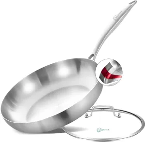 LOLYKITCH 12 Inch Tri-Ply Stainless Steel Frying Pan with Lid,Skillet,Induction Cooking Pan,Oven Safe and Detachable Handle