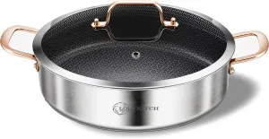 LOLYKITCH 6 Quarts Hybrid Tri-Ply Stainless Steel Sauté Pan with lid,Induction Large Skillet, Jumbo Cooker,Dishwasher & Oven Safe