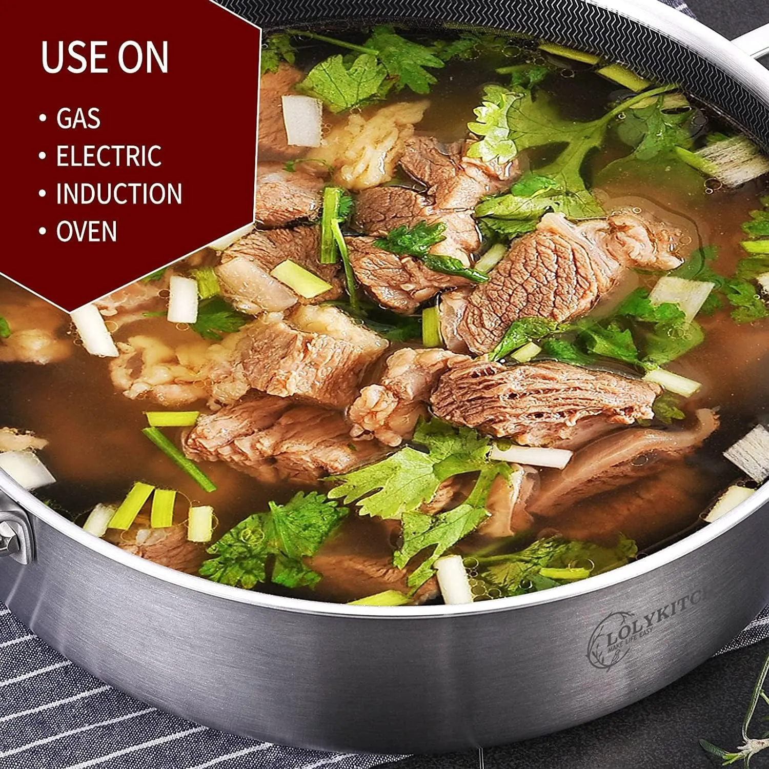 LOLYKITCH 6 Quarts Hybrid Tri-Ply Stainless Steel Sauté Pan with lid,Induction Large Skillet, Jumbo Cooker,Dishwasher & Oven Safe
