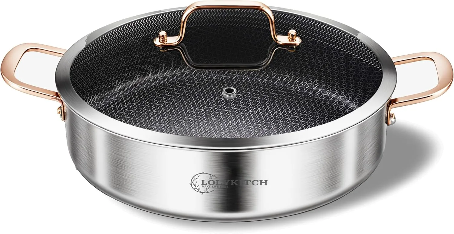 LOLYKITCH 6 Quarts Hybrid Tri-Ply Stainless Steel Sauté Pan with lid,Induction Large Skillet, Jumbo Cooker,Dishwasher & Oven Safe