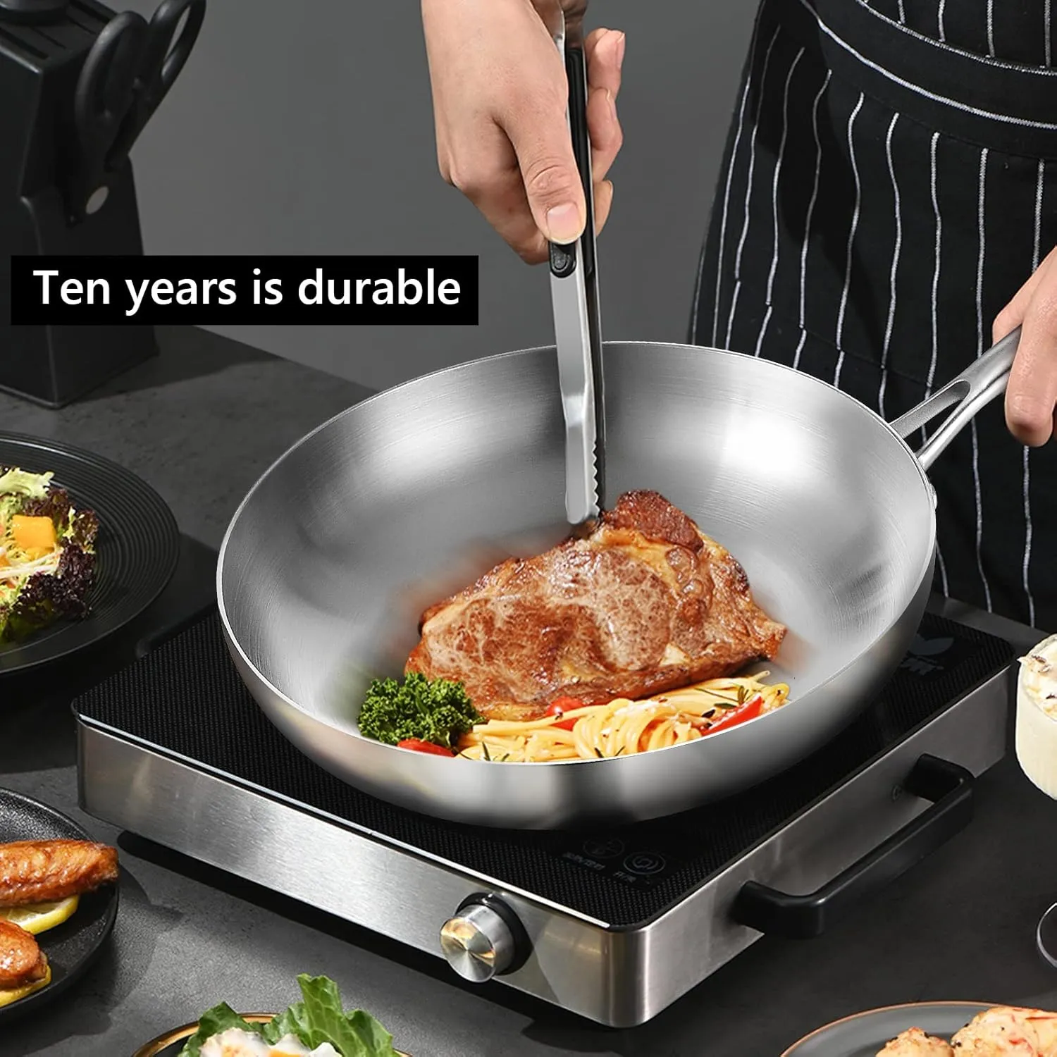LOLYKITCH 8-10-12 Inch Tri-Ply Stainless Steel Frying Pan Set of 3,Chef's Pans,Skillets,Induction Cookware,Pots and Pans Set,Dishwasher and Oven Safe.