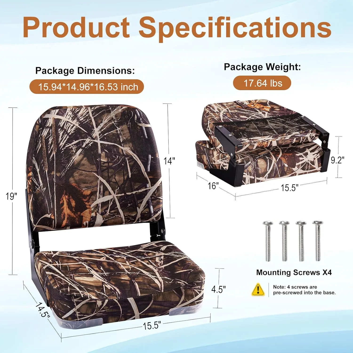 Low Back Folding Boat Seat 2pack, Fold-Down Fishing Boat Seat Camo